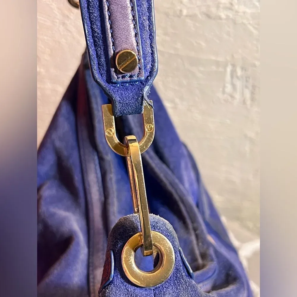 Tory Burch Suede Blue Hobo Bag leather trim gold tone hardware zip top classic